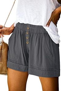 KISSMODA Women's Summer Retro Shorts Solid Elastic Waist Casual Relaxed Loose Fitting Buttons Shorts with Pocket Dark Gray Small