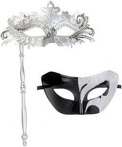 IETANG One Pair Couple's Gorgeous Venetian Masquerade Masks Party Costumes Accessory (on Stick-silver 1)