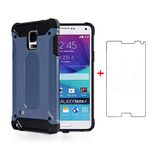 Phone Case for Samsung Galaxy Note 4 with Tempered Glass Screen Protector Cover and Cell Accessories Heavy Duty Rubber Full Body Slim Silicone Glaxay Note4 N910A Not Notes Women Men Cases NavyBlue