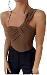 OYOANGLE Women's Textured One Shoulder Twist Front Ruched Bodysuit Sleeveless Tank Top Body Suits Brown Medium