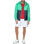 Tommy Hilfiger Men's Logo Rain Slicker Jacket, Aqua Green/Navy Color Block, M