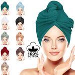 LUXURY Hair Towel Wrap 100% Cotton, Instant Drying Lightweight Turban Cap Super Quick Absorbent Anti-Frizz Twist Toweling Dry Hat with Button Loop for Long Curly Hairs, 62CM x 23CM Teal Single