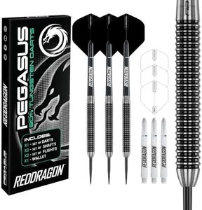 RED DRAGON Pegasus Tungsten Steel Darts Set - 26 Gram - Black Shafts, Black Extra Thick Flights and Case