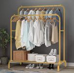 Lukzer Multipurpose Metal Double Garment Rack with 1 Bottom Shelf Heavy Duty Cloth Rail Coat Jacket Hanger Unique Display Stand (Gold/ 55.5 x110 x148 cm)