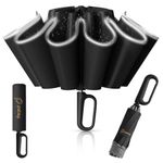 PALAY® 50'' Large Umbrella with Reflective Strip, Auto 3-Fold Compact Travel Umbrella, Carabiner Handle, Reinforced 10 Dual Ribs, Sun Protection 99% UV & Rain & Windproof for Men Women (Black)
