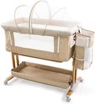 Bassinet Bedside Sleeper for Baby 6 Months, Convertible Cosleeping Baby Bed Attach to Bed with Wheels, Mattress, Storage Diaper Caddy, 6 Adjustable Height, Breathable Mesh Drop Down Side, Gold