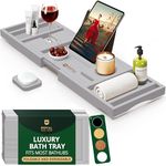Royal Craft Wood Luxury Bathtub Caddy Tray, 1 or 2 Person Bath and Bed Tray, Bath Tub Table Caddy with Extending Sides, Adjustable Organizer Tray for Bathroom - Free Soap Dish (Gray)