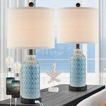 Cinkeda Ceramic Table Lamps for Bedroom Set of 2,Touch Lamp with USB Ports for Nightstand, 3-Way Dimmable Blue Coastal Bedside Lamps for Bedroom Living Room End Table Side Table(Bulbs Included)