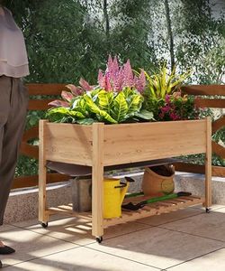 GarveeHome Raised Garden Bed with Legs 48x24x30in, Mobile Elevated Wooden Raised Planter Box with Wheels, Storage Shelf, Outdoor Standing Growing Bed for Vegetables, Flower, Herbs