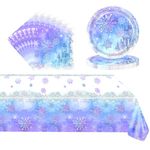 POPOYU 37Pcs Snowflake Frozen Party Tableware Set,Xmas Paper Plates 9 Inch Napkins Table Cloth,Snowflake Frozen Paper Dinnerware Set for Christmas Winter New Year Girls Birthday Party Decorations