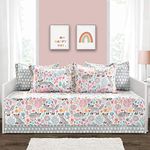 Lush Decor Pixie Fox Daybed Cover Set, 6 Piece Set, 39" W x 75" L, Gray & Pink - Whimsical Daybed Bedding - Floral & Heart Print - Kids & Toddler Bedding Sets for Girls - Woodland Bedroom Decor