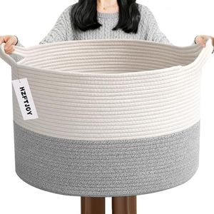 HZFTJOY Large Blanket Basket for Organizing,115L Closet Organizers and Storage Bins Box for Shelves Woven Rope Storage Baskets,Living Room,Bedroom,Dorm,Laundry room (White&Grey)