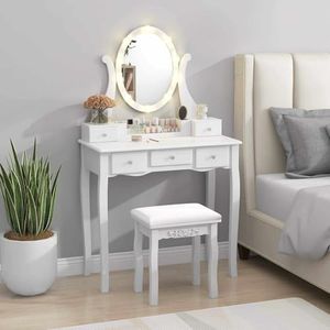 Giantex Vanity Desk & Stool Set w/Lighted Mirror, Makeup Table Vanity Dresser w/10 LED Light Bulbs, 3 Colors Modes, Adjustable Brightness, 5 Drawers & Storage Grid, Vanity Desk w/Padded Stool