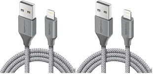 amazon basics Nylon Braided USB to Lightning Fast Charging and Data Sync Cable Compatible for iPhone 14,13, 12,11,X, 8, 7, 6, 5, iPad Air, Pro, Mini (3 FT Pack of 2, Grey)