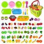 xwin sportseries100Pcs Pretend Food Play Plastic Fruit and Vegetables Toys In Shopping Basket Toy with Fake Knife Toy, Chopping Board, and More Cookware Kitchen Accessories Fun Educational Role Play