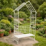 ecofynd 8 Feet High x 3.7 Feet Wide 2-Seater Hut-Shaped Garden Bench, Metal Arbor Trellis for Climbing Plant with Outdoor Garden Chair, Backdrop Stand for Wedding Lawn Backyard Party Decor (GC002-WHT)