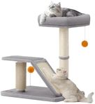 Feandrea Cat Scratching Post, Small Cat Tree Tower, Multifunctional Cat Scratcher with Self Groomer Brush, Rotatable Ramp, Pompoms, Cat Perch Bed for Indoor Cats, Light Gray UPCA024G01