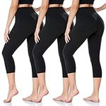 DHSO High Waisted Capri Leggings for Women, Non See-Through Tummy Control Workout Yoga Pants for Running, Cycling 3 Pack Black, Plus Size