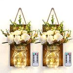 Glighone 2PCS Wall Sonces Mason Jar Light Dimmable Timer with 2 Remote Control, Vintage Rustic Home Decor, Artificial Flower LED Fairy Lights Hanging Wall Lights for Farmhouse Bedroom Home Decoration