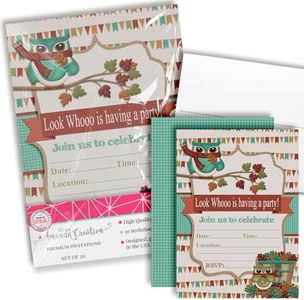 Look Who Fall Owl Themed Fill In Birthday Party Invitations, 20 5x7 Fill In Cards with Twenty White Envelopes by AmandaCreation