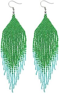 Samiyack Geometric Beaded Earrings – Long Bohemian Handmade Large Tribal Native Beaded Tassel Drop Earrings for Women, Big Statement Boho Seed Bead Fringe Dangle Earrings (Green AA)