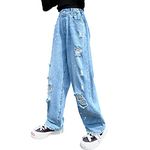 Rolanko Girls Ripped Jeans Mid-Rise Elastic Wide Leg Baggy Denim Pants with Hole Trousers for Kids (Paint Hole, 10-12)