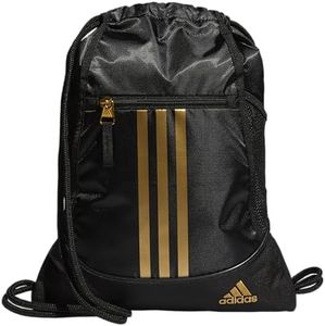 adidas BACKPACK adidas Alliance Sackpack Drawstring Backpack Gym Bag, Team Navy Blue, One Size, Black/Gold Metallic, One Size, Alliance Sackpack (12l) Lightweight Athletic Small Drawstring Team Sports