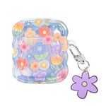 Newseego Airpods 1/2 Case Cover for Girls Women, Cute Flower Pattern Wave Frame Soft TPU Shockproof Full Protection Cover with Keychain for Airpods 1/2 Charging Case