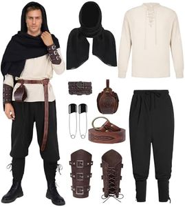UWXOZO Medieval Shirt Viking Costume Men's Medieval Clothing Renaissance Costume Men Victorian Pirate Steampunk Set 9 in 1 Viking Shirt Trousers Belt Scarf Halloween Fancy Dress Costume UX005XXL