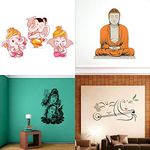 Ghar Kraft Set of 4 Combo Wall Stickers |Bal Ganesh|Spritual Multicolor Buddha|Shiv Parwati|Radhe Krishna with Flute