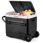 COSTWAY Car Refrigerator with Wheels, 64-Quart Dual-Zone Dual-Temperature Electric Cooler, 12V/24V DC, 100-240V AC, -4°F to 68°F, Portable Car Fridge Freezer for RV Camping, Black