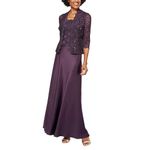 Alex Evenings Women's Petite Two Piece Dress with Lace Jacket, Eggplant, 10P