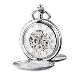 TREEWETO Men's Mechanical Roman Numerals Dial Skeleton Pocket Watches with Gift Box and Chains for Mens Women Silver