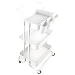 Piowio 3-Tier Utility Rolling Cart Multifunction Organizer Shelf Storage Cart with Handle Lockable Wheels and 3PCS Hanging Cups for Home Kitchen Bathroom Laundry Room Office Store etc. (White)