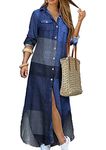 YMING Women Casual Long Sleeve Tunic Dress V Neck Sexy Dress Chic Multicolor Dress Blue 3XL