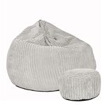 rucomfy Beanbags Slouchbag Large Corduroy Bean Bag Chair - Adult Bean Bag with Filling - Home Furniture Seating for Living Room or Bedroom - Machine Washable - 80 x 110cm (Platinum, with Footstool)