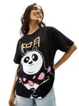 The Souled Store Official Kung Fu Panda: Wisdom Short Sleeve Round Neck Black Graphic Printed Cotton Oversized T-Shirts for Women & Girls