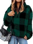 BTFBM Women Sherpa Pullover Quarter Zip Long Sleeve Fluffy Soft Fleece Jackets Sweaters Sweatshirts Hoodies Outwear Coat (Plaid Green, XX-Large)