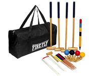 FIRE FLY Croquet Game Set for 4 Players Wooden Croquet Set 4 Players Set Sport Family Croquet Set Wooden Mallets, Colored Balls, Brown Vintage Style, Sturdy Bag for Adults &Kids