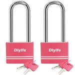 Padlock with Key, [Long Shackle] [2 Pack] Diyife Waterproof Security Key Locks, Locks with Keys Padlocks Outdoor, Aluminum Padlocks Keyed Alike for School, Gym Locker, Garage, Warehouse[Pink]