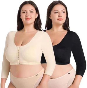 Plus Size Women's Arm Shaper Tops Arm Lift Slimmer Compression Sleeves Support Garment Post Surgical Corrector Tank Top 3/4 Sleeve (4XL, Black+Beige)