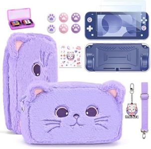innoAura Switch Lite Case 14-in-1 Accessories Bundle for NS Switch Lite (2019), with Protective Carrying Case, Game Holder, Screen Protector & Cute Thumb Grips, Purple Cat Plush Bag