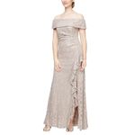 Alex Evenings Women's Long Foldover Off The Shoulder Gown, Formal Event, Mother of The Bride Dress, Buff Lace, 6