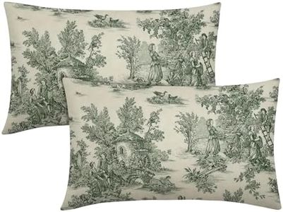 French Country Pillow Covers Set of 2 12x20 Inch Vintage Toile Green Cotton Linen Decorative Throw Pillow Case Cushion Cover for Bedroom Sofa Living Room Couch Chair Office