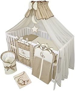 Bello24 - 16 pièces lit bébé lit d'enfant et literie Set Complet Happy Leo Matelas Inclus réglable en Hauteur pour Nouveau-nés bébés et Jeunes Enfants en Bois Massif Ourson Lune Beige foncé