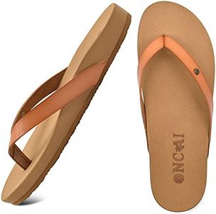 ONCAI Womens Flip Flops For Women Comfortable Leather Strap Yoga Mat Non-Slip Women's Thong Sandal Casual Summer Beach Slippers With Arch Support Khaki Size 10