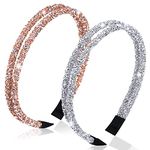 REAMFUN 2 Pieces Crystal Rhinestone Headbands, Non-Slip Double Crystal Side Glitter Rhinestone Headbands for Women Girl, Shiny Imitation Diamond Crystal Hoop Headband for Wedding Birthday Daily Decor