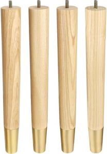 Ash Wood Furniture Legs With Gold Caps - Mid Century Legs For Sofa, Chair, Table, Dresser, Bed, Cabinet, Ottoman - Wooden Legs Are Easy To Install & Include Installation Hardware - Set of 4, 16 Inches