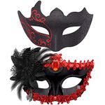 SIQUK Couple Masquerade Masks Plastic Venetian Party Mask Halloween Costume Mask Rhinestone Carnival Mask for Couples Women and Men, Black and Red