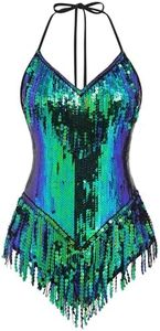 IBAKOM Sexy Glitter Sequins Fringe Bodysuit Halter Lace Up Back Jazz Latin Dance Tassel Leotard Adult Acrobat Circus Trapeze Artist Costume Dancing Queen Rave Concert One Piece Outfits Green+Blue XL